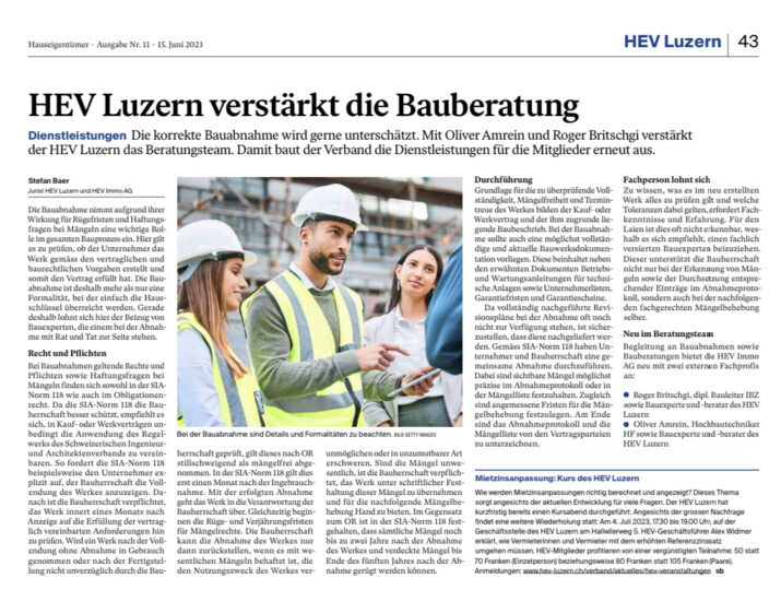 HEV Luzern verstärkt die Bauberatung